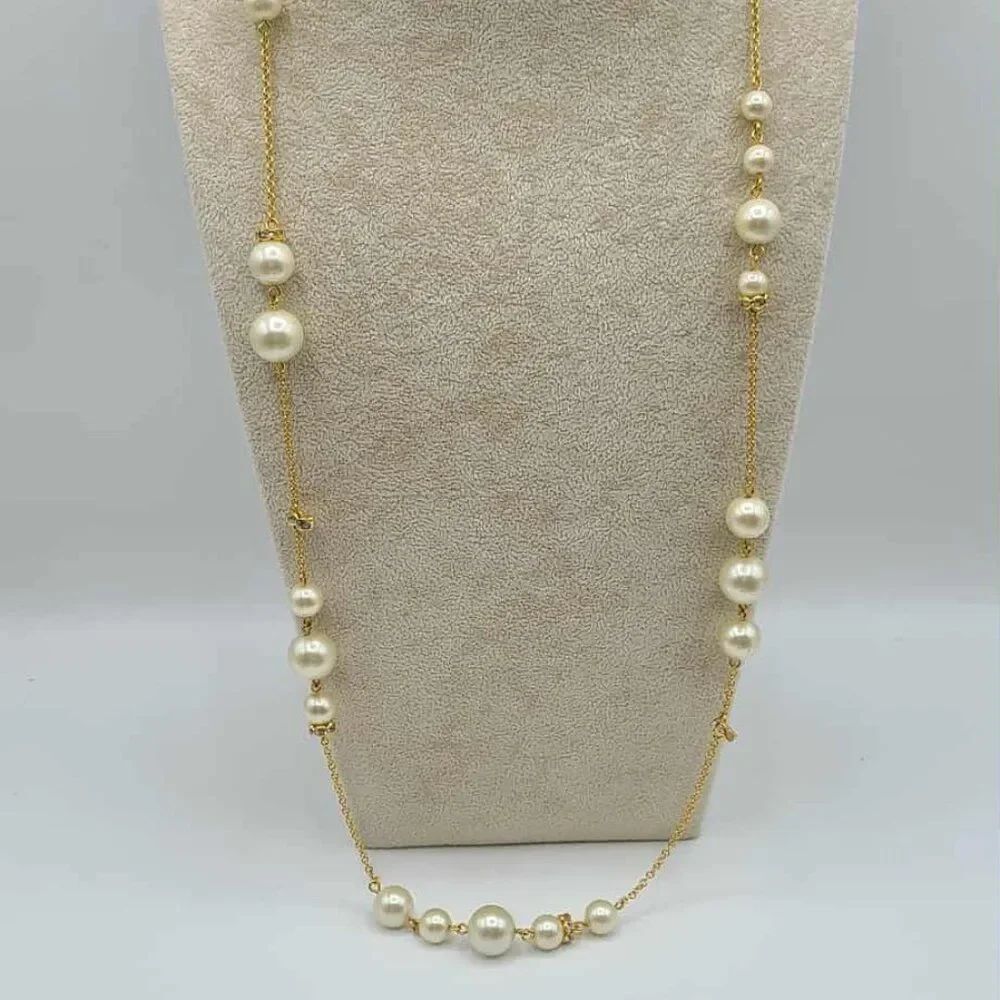 J Crew Long Faux Pearl Gold Tone Station Necklace NWOT